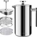 Secura French Press Coffee Maker, 304 Grade Stainless Steel Insulated Coffee Press with 2 Extra Screens, 50oz (1.5 Litre), Silver