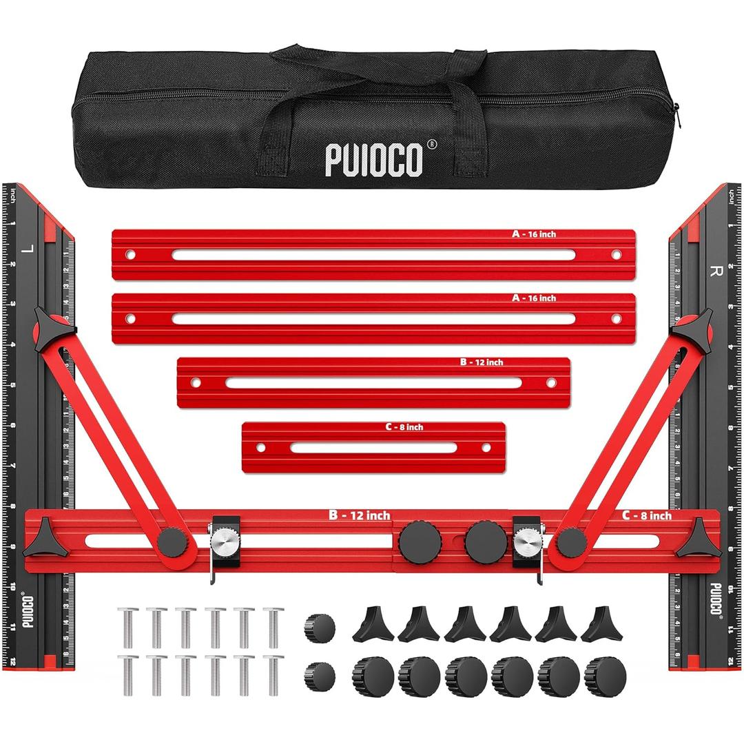 Stair Tread Template Tool, Stair Measuring Tool with Triangular Structure Brace and Edge Flip Stops, 8-72 in Solid Aluminum Alloy Stair Tread Jig for Accurately Measuring Stairs (Red) (LTC-Red Black)