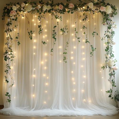 Patioman 10x10ft White Tulle Backdrop Curtain with String Lights, Wrinkle-Free Sheer Wedding Backdrop for Birthday Parties, Baby Showers, Bridal Showers, Photo Shoots and Home Decorations, White