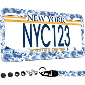 1-Pack Blue White Porcelain Floral License Plate Frames for Women Man, 2 Holes Blue Flowers Aluminum License Plate Holder,Vintage Floral License Plate Cover with Keychain Wrist Lanyard