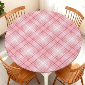 Round Fitted Tablecloth with Elastic Edge for Up to 37"-44" Round Table, Waterproof Tablecover for Camping, Indoor, Outdoor, Holiday, Summer, Pink Checker