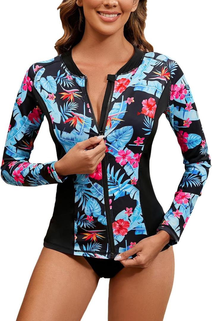 LURANEE Women's Zip Up Rash Guards for Women Long Sleeve Swimsuit UV Sun Protection Swim Shirts (XX-Large, Blue Leaf)