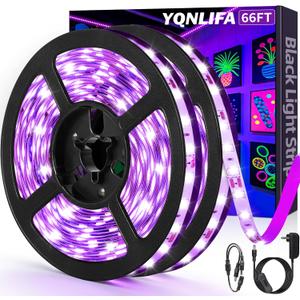 66FT Black Light Strip, 1200 Lamp Beads, Flexible LED Blacklight Kit, 12V Blacklight Strips, Non-Waterproof for Indoor BedroomDecoration, Glow Party, Birthday, Wedding, Halloween