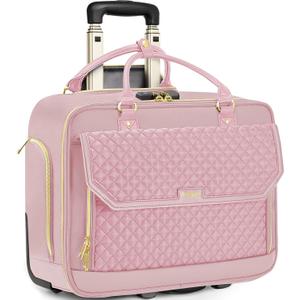 Rolling Laptop Bag Women, Rolling Briefcase for Women for Work, 17 Inch Computer Bag with Wheels, Fashion Flap Laptop Bag With Wheels for Work Business, for Teacher, TSA Friendly Design, Pink (Diamond Pink / Gold Telescopic Handle)