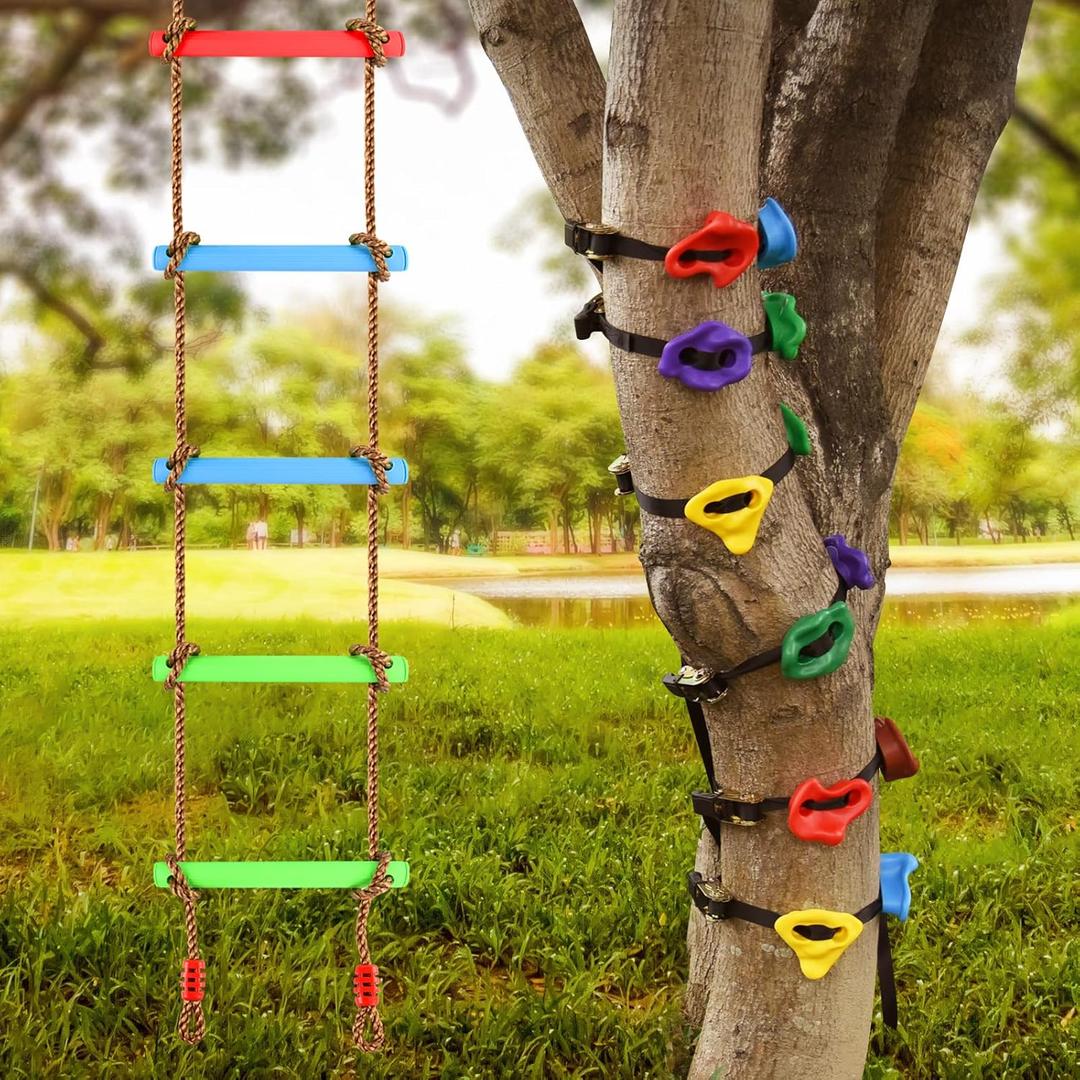 12 Ninja Tree Climbing Holds for Tree Climber, Tree Climbing Kit with 6.6FT Rope Ladder for Outdoor Ninja Warrior Obstacle Course Training