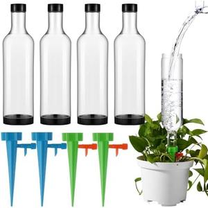 Leinuosen Pack of 4 Plant Watering Devices with 4 Pcs Self Watering Spikes and 4 Pcs 26 oz Plastic Bottles, Plant Watered Device (Need to Tighten The Control Valve Switch) Proof Leak for Garden Plants