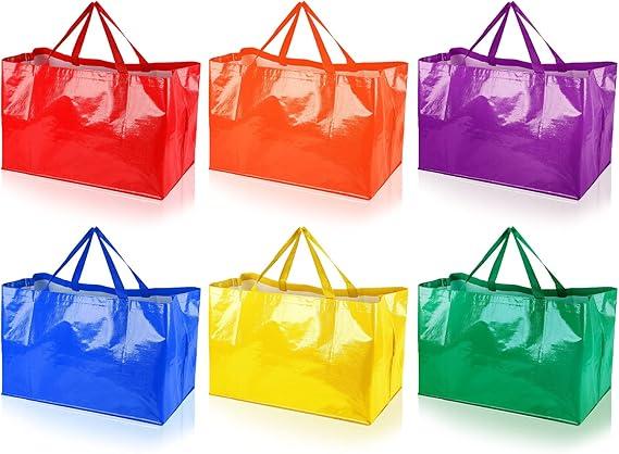6 Pieces Extra Large Reusable Shopping Grocery Bags with Handles Colorful Woven Plastic Waterproof Tote Bags