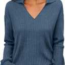 KIRUNDO Long Sleeve Shirts for Women 2025 Fall Fashion Outfits Going Out Tops Collar V Neck Blouses Ribbed Knit Loose Tunic (Small, Dark Blue)