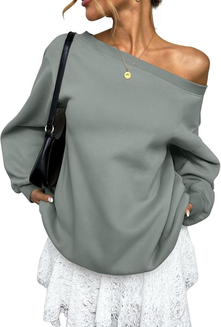 Womens Fleece Lined Sweatshirt Off Shoulder Long Sleeve Pullover Top Oversized Shirt Basic Slouchy Clothes 2026 (X-Large, Dusty Green)