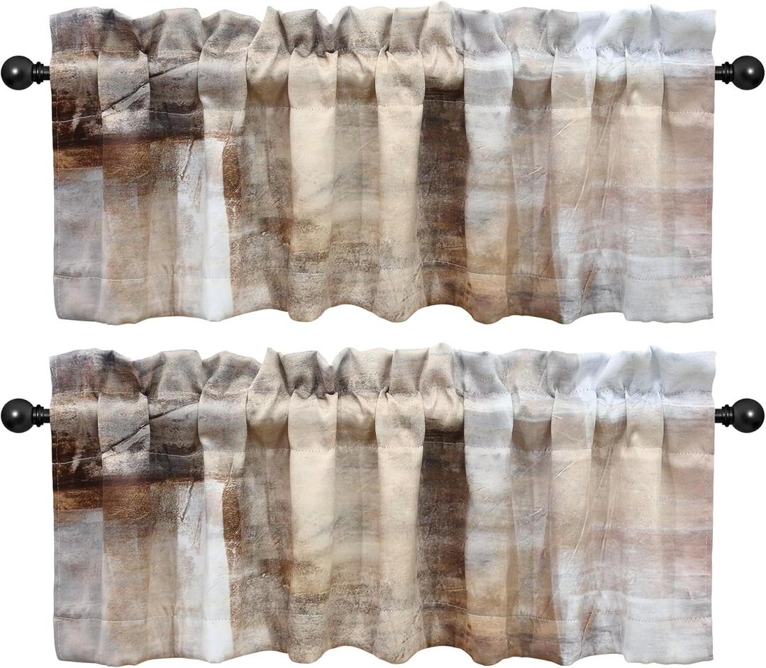Abstract Art 2 Pack Valance for Windows - Wrinkle Resistant Blackout Valances, Heavyweight Fabric (52x18 Inch, Brown Beige)