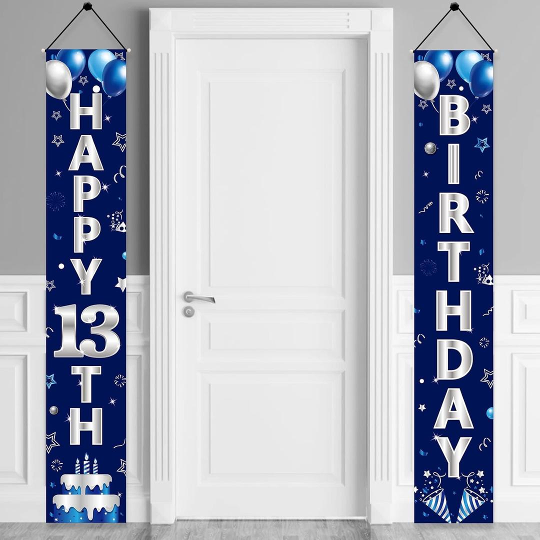 Blue Silver 13th Birthday Door Banner Decorations, Happy 13 Birthday Party Porch Banner for Boys, Sweet 13 Year Old Birthday Party Supplies