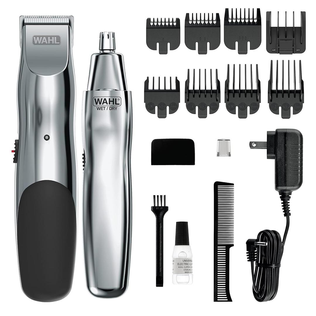 Wahl Groomsman Rechargeable Beard Trimmer kit for Mustaches, Nose Hair, and Light Detailing and Grooming with Bonus Wet/Dry Battery Nose Trimmer  Model 5622v (15 Piece)