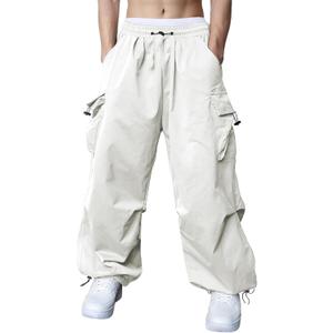 Susclude Parachute Cargo Pants for Men Loose Fit Baggy Sweatpants Casual Pant with Pocket Outdoor Drawstring Trousers 2025 (Large, White)