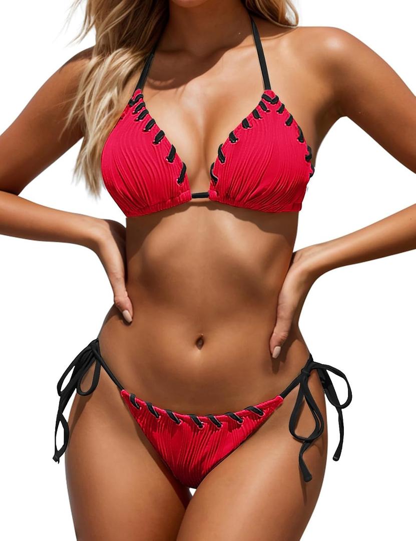 Women Two Piece Bikini Swimsuit Color Block Bathing Suits Halter Triangle String Bikini Sets (Small, Red Black)