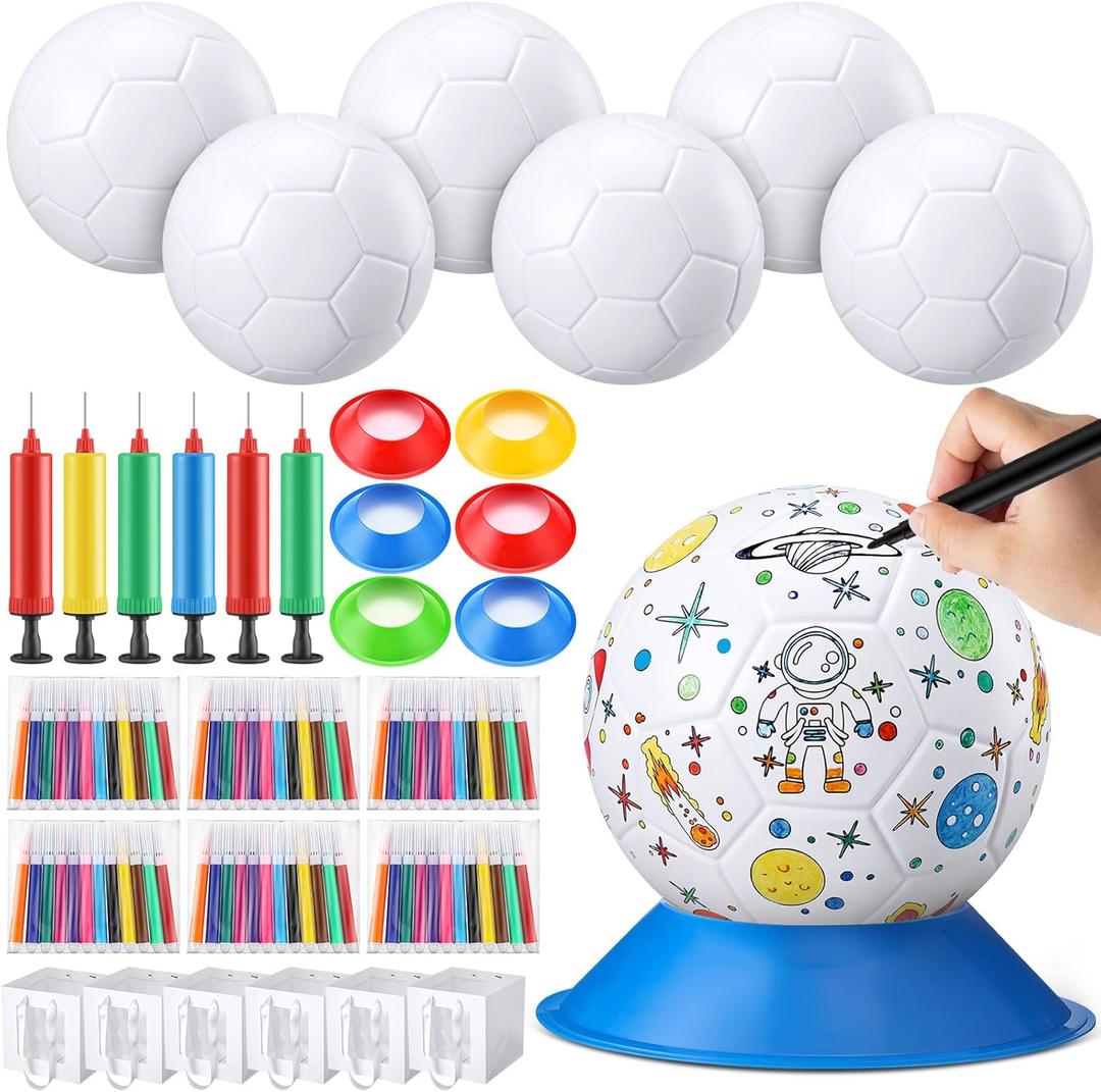 6 Pack Paint Your Own Ball with Washable Markers, Custom Color with Pump, DIY Gifts Craft Kit for Boys Girls Indoor Outdoor (Soccer)