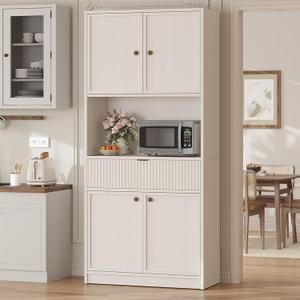 Garvee Tall Kitchen Pantry Cabinet, 70" Pantry Storage Cabinet with Countertop, Fluted Kitchen Hutch Cabinets with Doors and Drawer, Freestanding Cupboard for Dining Room, Living Room, Antique White