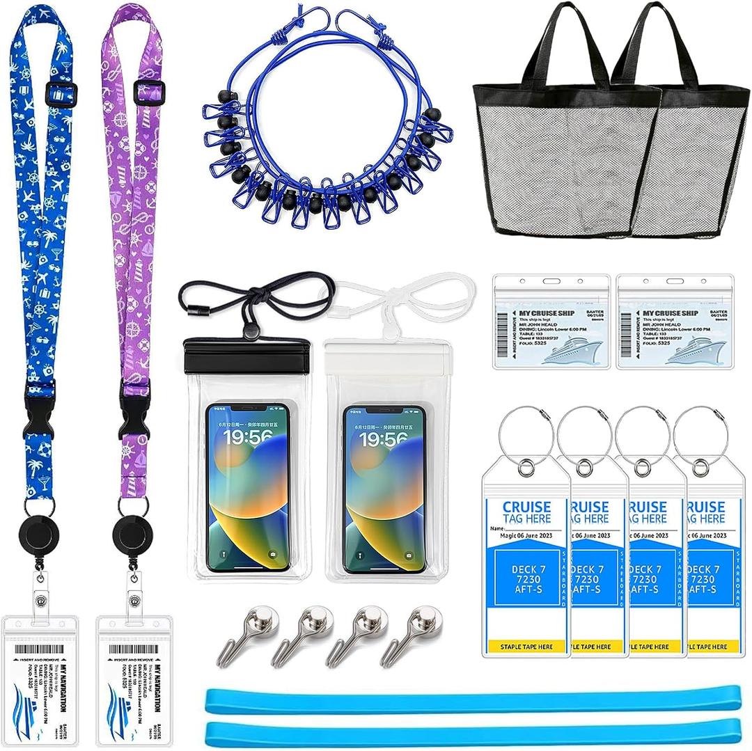 Cruise Ship Essentials 2026 Must Haves Kit- Packing List Lanyard with ID Holders,Luggage Tag Set, Waterproof Phone Holder, Magnetic Hooks, Travel Clothesline, Towel Bands, Mesh Bag Gifts