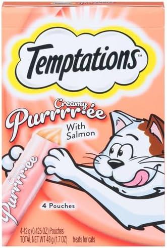 Temptations Creamy Puree Squeezable Lickable Cat Treats, Wet Cat Treats with Salmon, 0.42 oz. Tubes, 4 Count