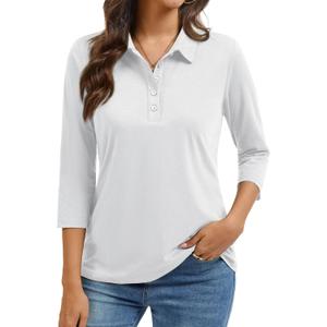 YUCOLEN Women's Polo Shirt 3/4 Sleeve Tops Collared Button Down Golf Tee Casual Work T Shirt (Medium)