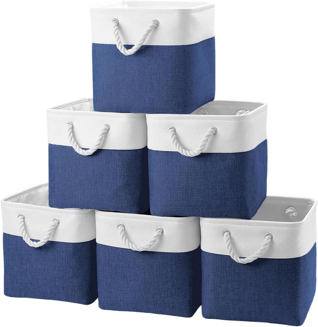 Cube Storage Bins, Collapsible Fabric Storage Cubes Bins, 11 Inch Cube Storage Bins with Handles, Foldable Storage Cubes (White/Navy, 6Pack)