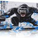 JEAWA Large Canvas Wall Art, Funny Angry Gorilla Abstract City Street Graffiti Pop Paintings Black and White Modern Picture for Living Room Bedroom Men Teenage Study Home Office Decor 24x48 IN