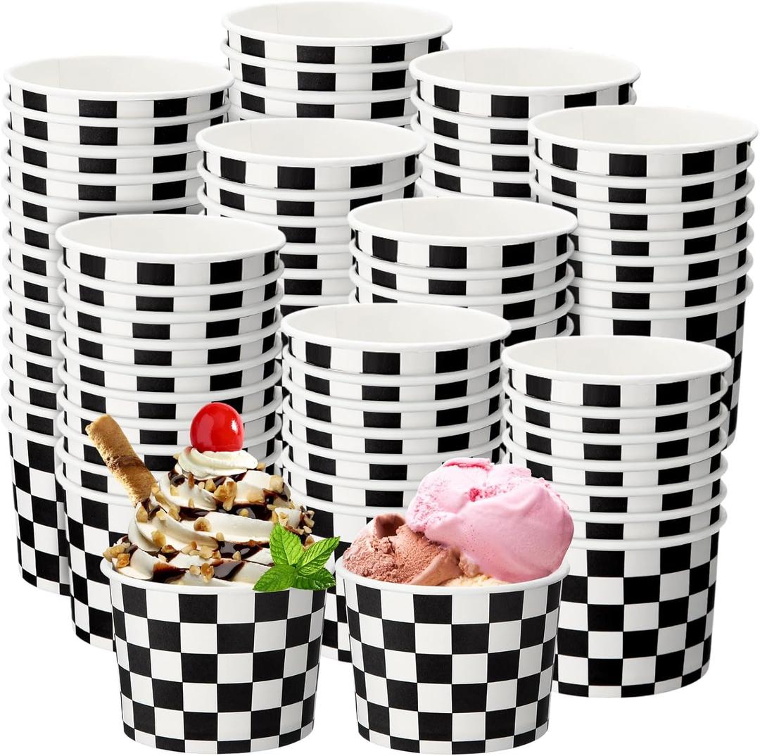 Honeydak 200 Pack Black and White Checkered Ice Cream Cups Bulk 5 oz Small Disposable Treat Paper Cups Dessert Yogurt Bowls Snacks Sundae Yogurt Container for Summer Wedding Birthday Party Supplies