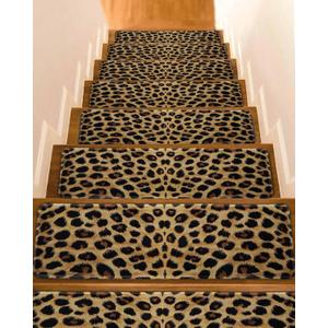 Leopard Print Stair Treads for Wooden Steps Indoor Runner Rug Carpet, Brown Yellow Retro Animal Fur Pattern 15 Pieces Peel and Stick Staircase Step Treads Covers Washable Throw Door Mats, 30"x8"