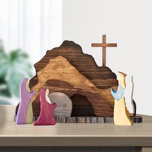 Easter Scene Wooden Decorations - Empty Tomb Easter Resurrection Scene Set and Cross Decoration - Religious Christian Jesus Nativity Decor for Home Table Office