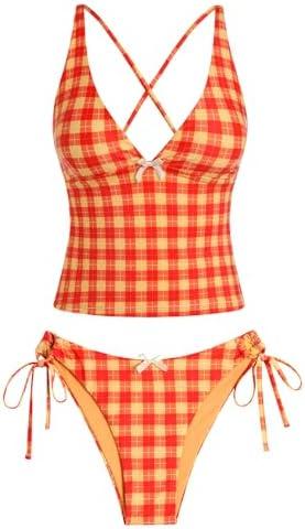 ZAFUL Women's Tankini Set V Neck Tummy Control Floral Printed Tie Side Thong Bikini Swimsuits 2 Piece Bathing Suits Large