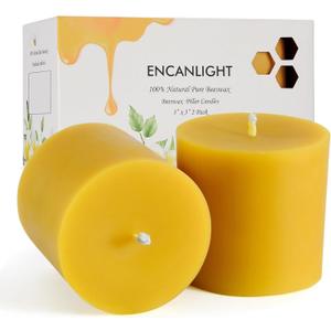 Pure Beeswax Pillar Candles 3x3 Inch, 2 Pack Natural Bees Wax Candle with Cotton Wick, 50-55 Hours Long Burning, Dripless and Smokeless for Home Decor, Party, Dinner (Yellow)
