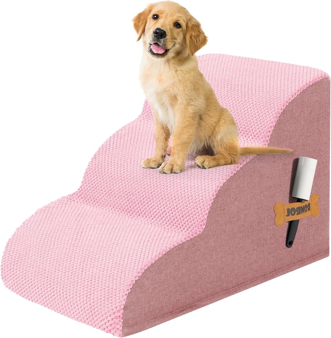 Romrol Dog Stairs Ramp for Beds Couches, Extra Wide Pet Steps with Durable Non-Slip Waterproof Fabric Cover, Pets Slope Stairs, 3-Tiers,Pink, Pack Of 2