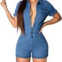 Denim Rompers for Women Sexy Short Sleeve Bodycon Short Pants Jeans Jumpsuits with Belt Pockets Botton Down, 3X-Large