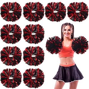 WILLBOND 12pcs Cheerleading Pom Poms Bulk Metallic Foil Cheerleader Pompoms with Baton Handle for Football Basketball Cheering Squad Team Game Sports Dance Party Outfit (Black and Red)