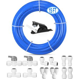3/8" O.D.RO Water Tubing,15FT Food Grade PE Water Line+12Pcs 3/8" Quick Connect Fittings for RO Reverse Osmosis Water Purifier Filter System(Plastic Tubing+Ball Valve+T+Y+L+I+1/4"-3/8" fitting+Cutter)