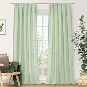 LAMIT Linen Curtains 84 inches for Bedroom, Faux Linen Textured Light Filtering Drapes Rod Pocket Boho Semi Sheer Panels for Farmhouse/ Living Room, 2 Panels, 52 x 84 Inch, Light Green
