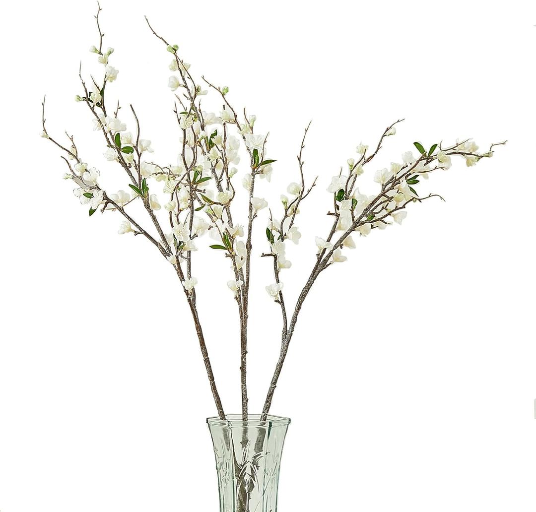 3Pcs Artificial Plum Blossom Fake Silk Cherry Blossom Branches Flowers for Tall Vases, Faux Long Stems Wintersweets Arrangement for Wedding Home Office Bedroom Spring Party Decor (White)