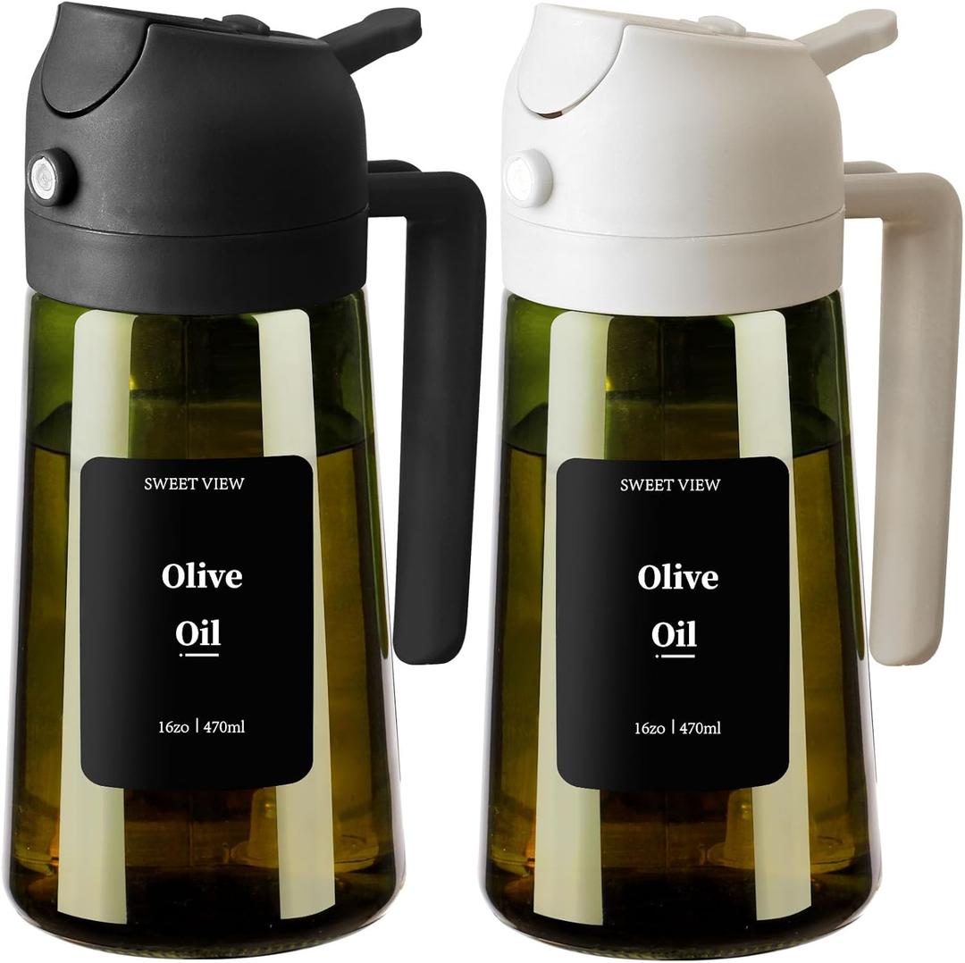 SWEET VIEW 2PCS Olive Oil Dispenser and Oil Sprayer  16oz/470ml Glass Light-Proof Oil Pourer for Kitchen Air Fryer, Cooking, Salad, and BBQ, with Stickers (Black&White)