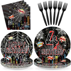 96 Pcs Spider 4th Birthday Party Supplies Black Spider 4th Birthday Plates Disposable Cartoon Super Theme Hero Paper Tableware Set for Boys Kids Spider 4 Year Old Party Decorations Serves 24
