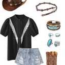 MYMORE Womens 2025 Western Cowgirl Rhinestone Fringe Shirt Blouse Sparkly Puff Short Sleeve Button Down Shirt Jacket Dolly Costume Parton Nashville Cowboy Rodeo Country Concert Outfit Costume Black XL