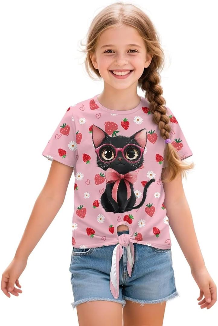 Xhuibop Girls Short Sleeve T-shirt Summer Outfits Tie Bow Front Tops for Kids 5-12 Graphic Tees (Pink)