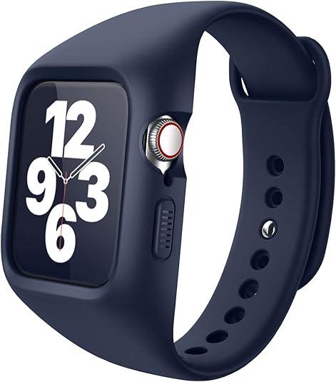 SURITCH Sport Band for Apple Watch 9/8/7/6/5/4/SE3/SE2/SE Case with Band 45mm 44mm, Soft Silicone Shockproof Rugged Protective Replacement Strap with Case for Women Men, Navy Blue