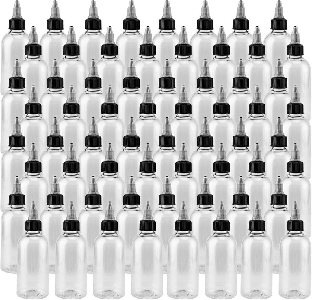 JAPCHET 100 Pcs 2oz Empty Plastic Squeezing Bottles, 60ml Plastic Bottles with Twist Top Cap, Clear Condiment Squeeze Bottles for Oil, Ketchup, Mustard, Sauces, Dressing, Art, Crafts and More