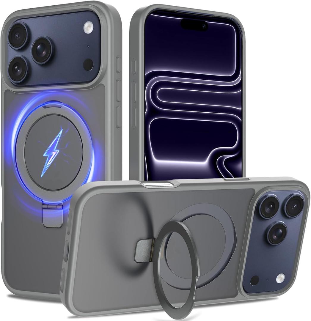 Ultra-Magnetic Stand for iPhone 17 Pro Max Case [Military Drop Protection] [Compatible with MagSafe] Shockproof Translucent Matte Slim Ring Holder Case for iPhone 17 Pro Max (Gray)