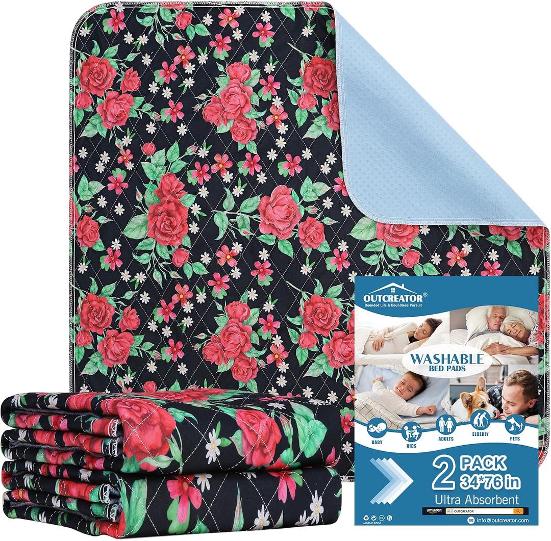 OUTCREATOR Washable Bed Pads 34" x 76" (Pack of 2), Incontinence Mattress Protector, Anti-Slip Waterproof Underpads for Adults Kids Elderly Pets, Absorbency & Reusable Bedwetting Pads (Red Flower)