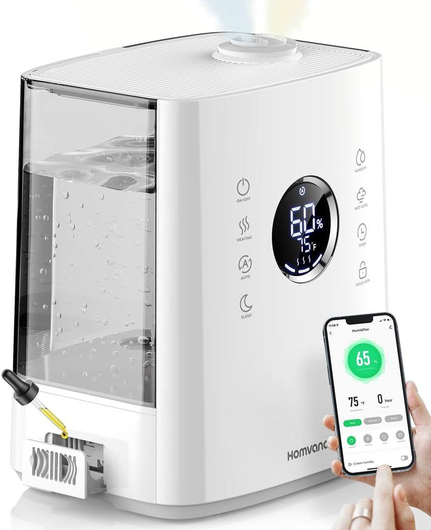 Homvana 6.5L Warm & Cool Mist Humidifiers for Bedroom Large Room, Smart Humidifier with App&Voice Control, Exclusive Distilled Sterilization, 72H Runtime Air Humidifier Aroma Diffuser for Baby Plants