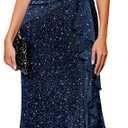 BeryLove Womens Sequin Formal Long Ruffle Dress Party Wedding Cocktail Gown Sequin Homecoming Formal Maxi Dress V Neck Ruched Wrap Mother of Bride Dresses with Ruffle for Sparkly Prom Evening Events, Navy XL