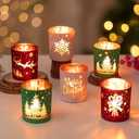 Hewory Christmas Votive Candle Holders: Christmas Tea Light Candle Holder Set of 6, Cylinder Glass Candle Holders Centerpiece Christmas Decorations Indoor Home Decor for Table Fireplace Holiday Party