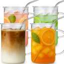 Sieral 4 Pack 33.8 oz Glass Tumbler with Straw and Lid Large Glass Cup with Handles Iced Coffee Glasses Reusable Drinking Glasses Set for Iced Coffee Smoothies Drink Juice for Birthday Valentine Gift