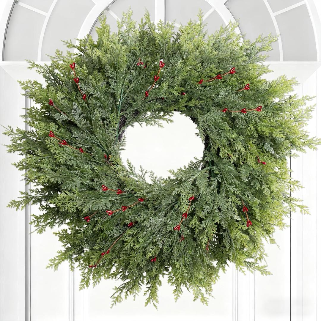 Christmas Decorations Christmas Cedar Wreath 26inch Large Christmas Wreaths for Front Door with Red Berry Wreaths Winter Door Wreath for Window Holiday Fireplace Indoor Outdoor Xmas Decor