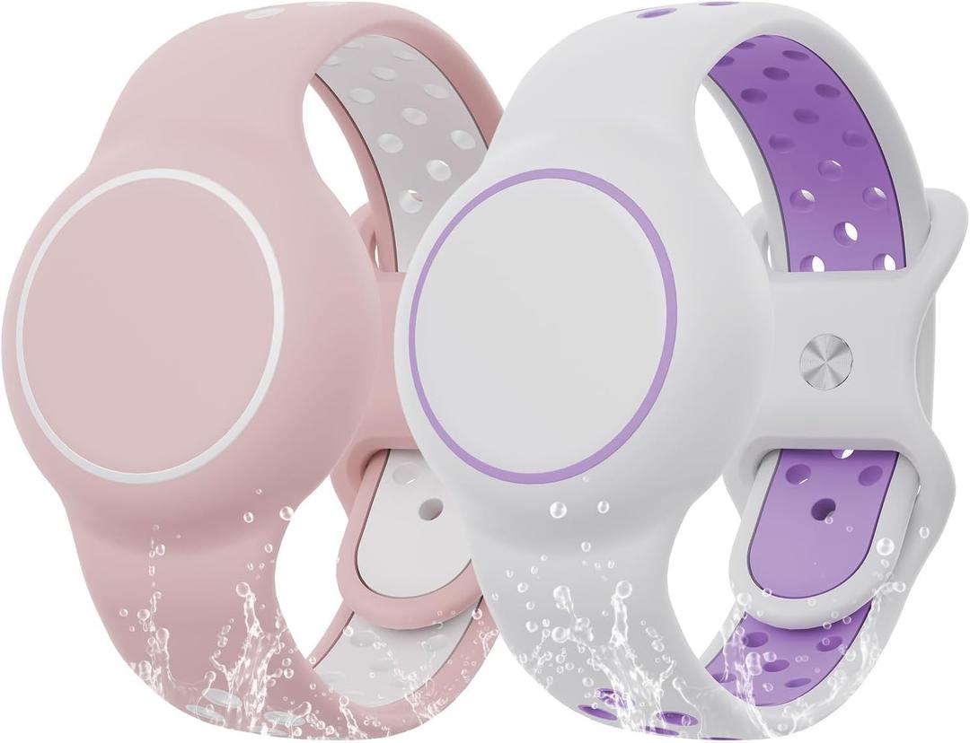 Waterproof Bracelet Compatible with AirTag for Kids (2 Pack), Protective Case GPS Tracker Holder for Child with Full Coverage Hidden Design, Soft Silicone Anti-Lost Wristband Cover for Toddler PWWP (Pind White+White Light Purple)